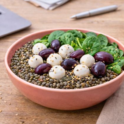 Lentilles fondantes mozza & olives kalamata