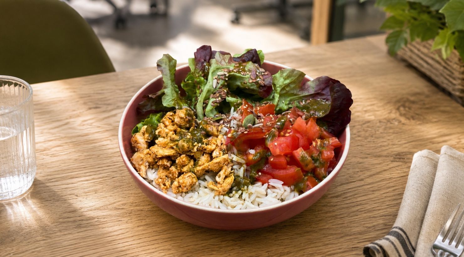 Bowl poulet épicé, tomates & basilic
