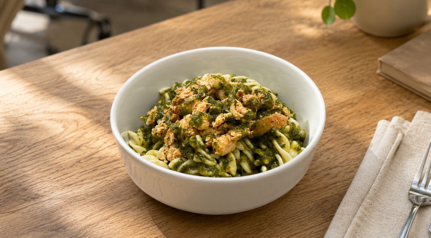 Pâtes au poulet mariné, sauce basilic