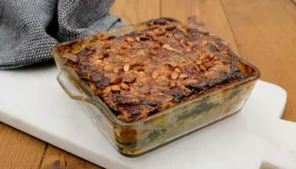 Ravioles en gratin aux épinards, chèvre et pignons de pin